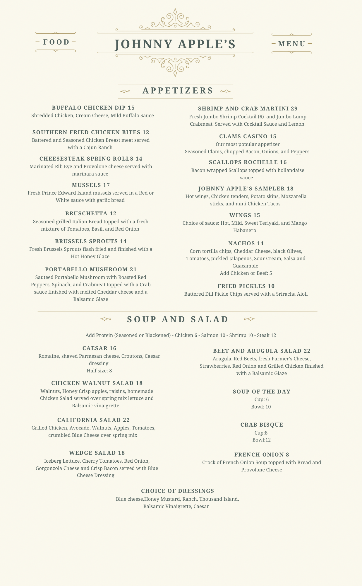 Johnny's - Appleページ Menus – Johnny Apple's Restaurant